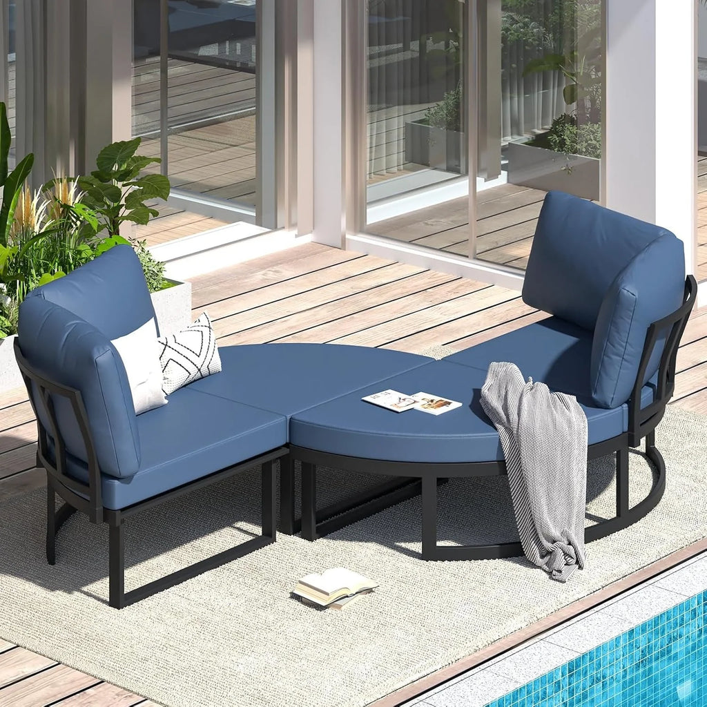 AECOJOY Patio Furniture Outdoor Round Daybed with Removable Cushions 4 Piece Sectional Sofa Patio Furniture Set, Dark Blue
