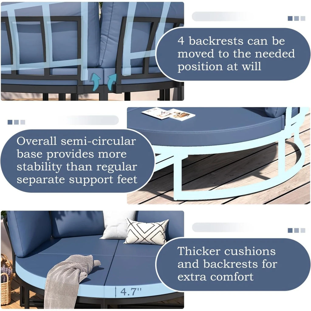 AECOJOY Patio Furniture Outdoor Round Daybed with Removable Cushions 4 Piece Sectional Sofa Patio Furniture Set, Dark Blue