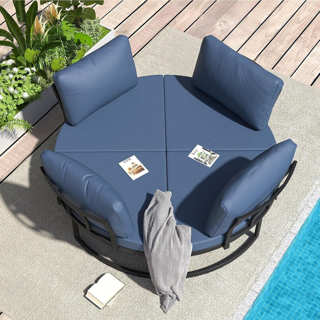 AECOJOY Patio Furniture Outdoor Round Daybed with Removable Cushions 4 Piece Sectional Sofa Patio Furniture Set, Dark Blue